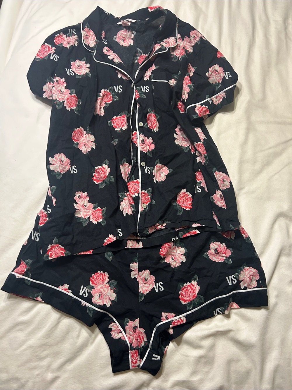 Victoria's Secret Black Floral Short Pajama Set with Pink Roses